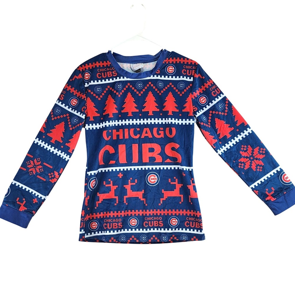 MLB Chicago Cubs Blue Red Fair Isle Ugly Christmas Long Sleeve Shirt Mens Small
